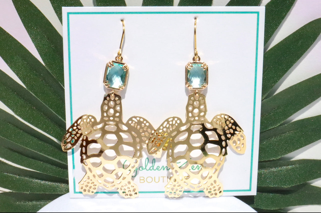 Caribbean Blue & Gold Sea Turtle Earrings