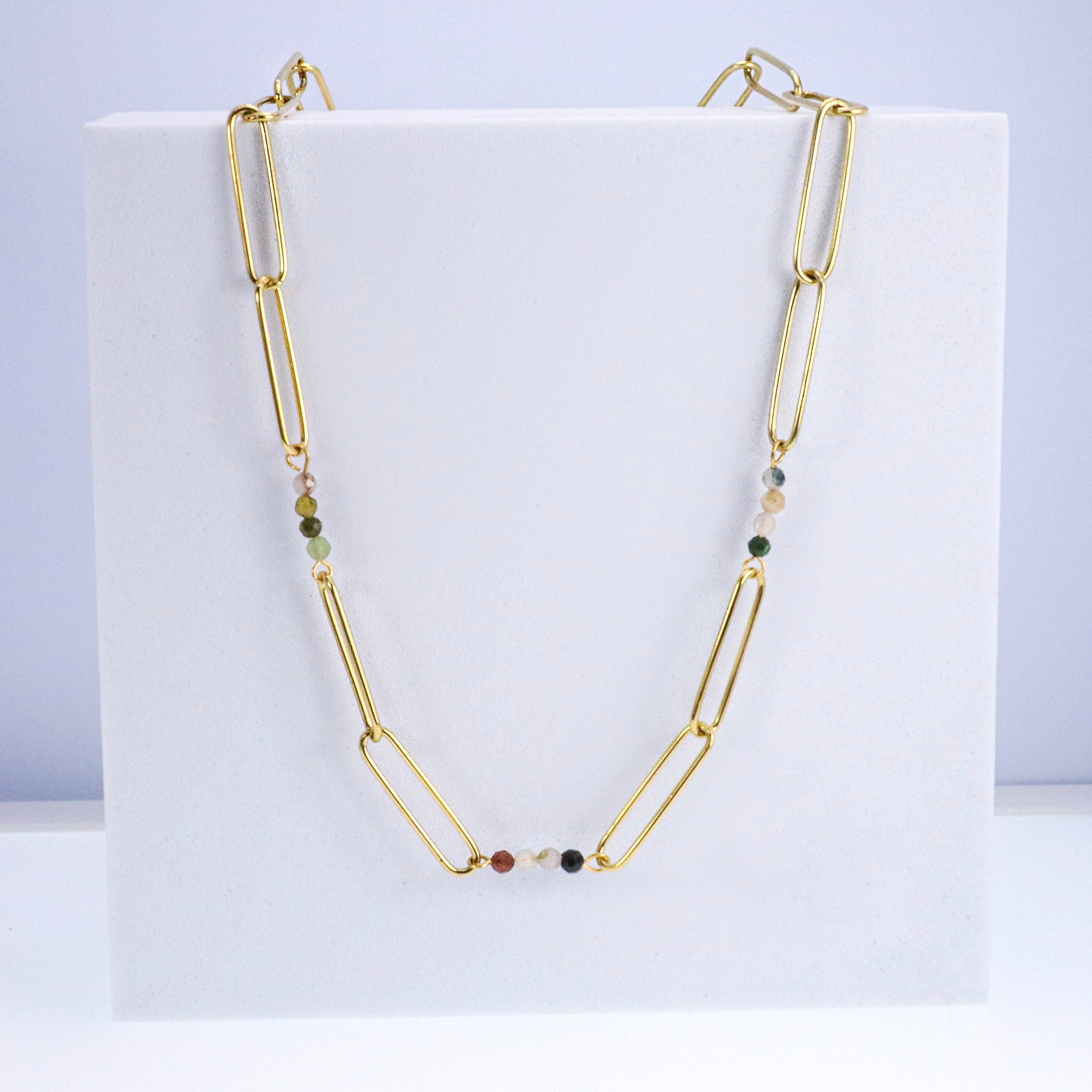 Natural Agate Gemstone Bead Staple Chain Necklace