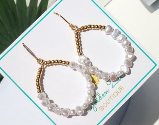 Cape Cod Pearl & Gold Beaded Hoop Dangle Earrings