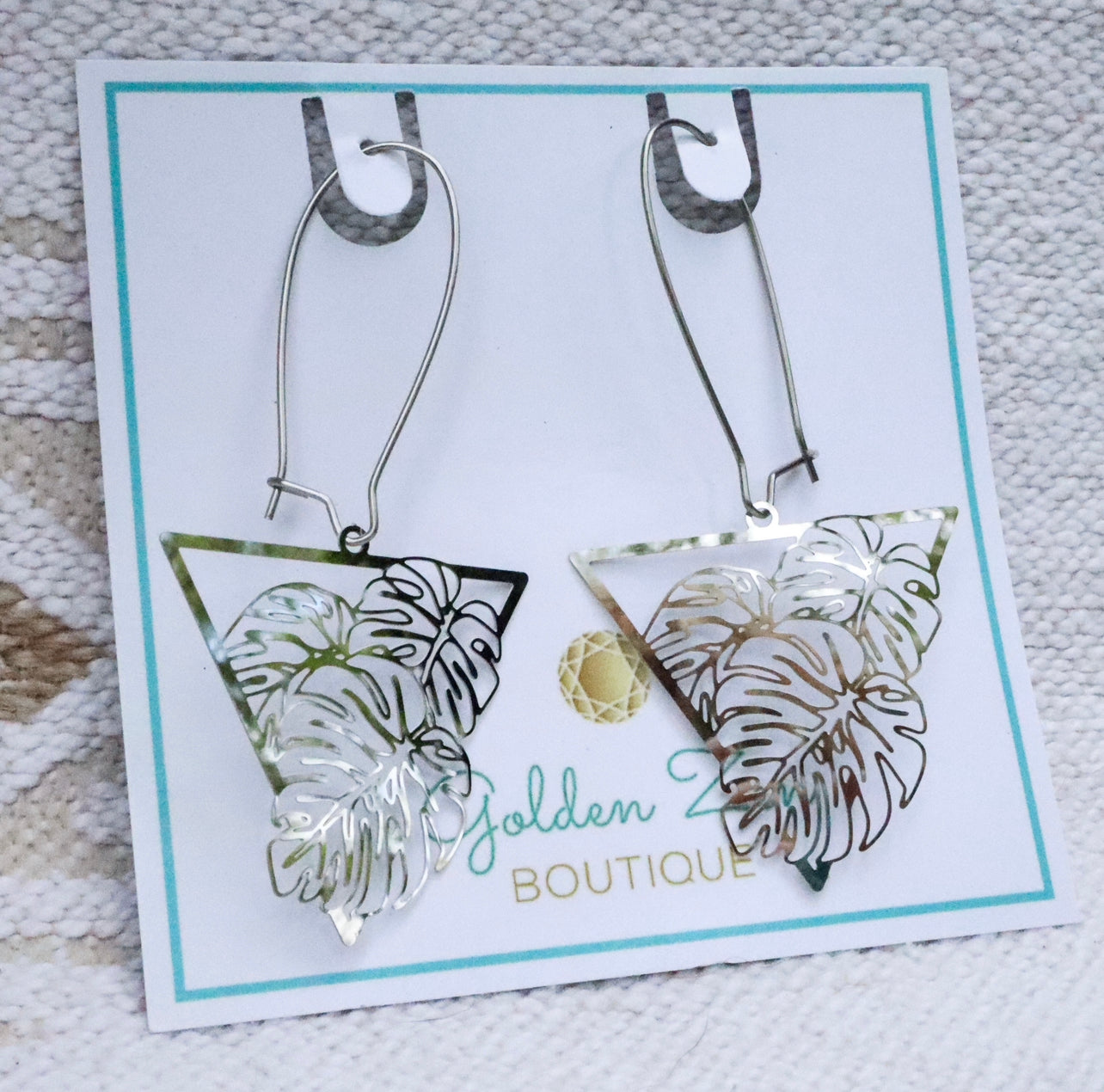 Silver Tropical Monstera Geometric Earrings