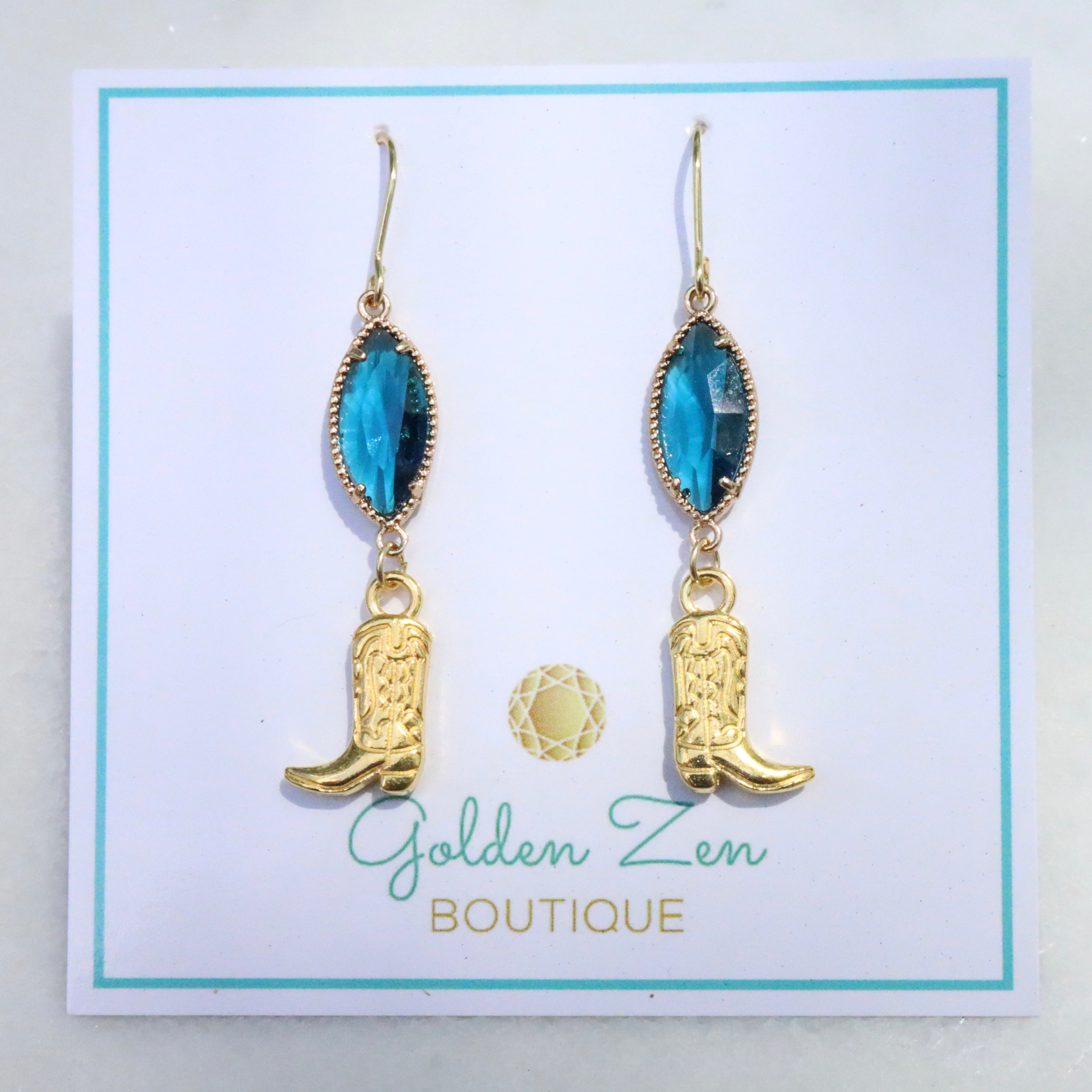 Blue Jean Crystal & Gold Cowgirl Boot Earrings