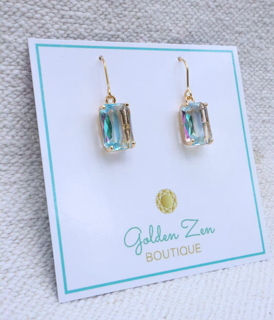 Fluorescent Aquamarine Emerald Cut Gem Earrings