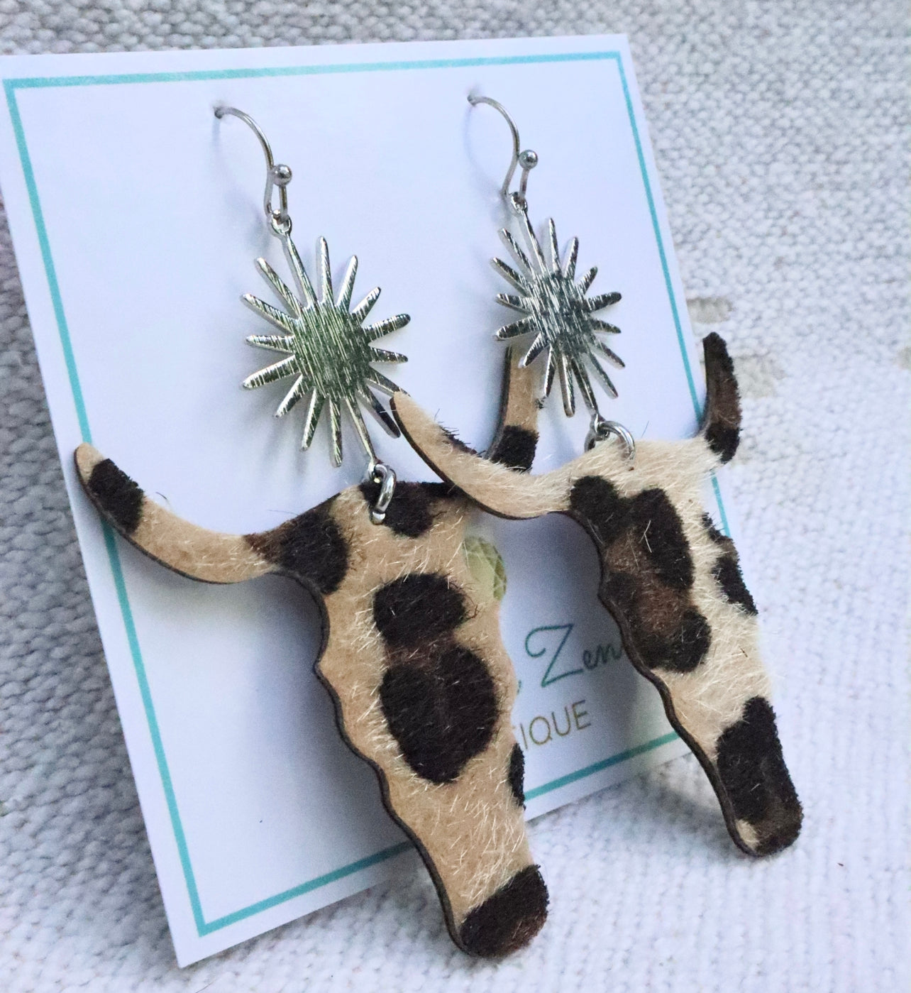 Silver & Cheetah Print Long Horn Earrings