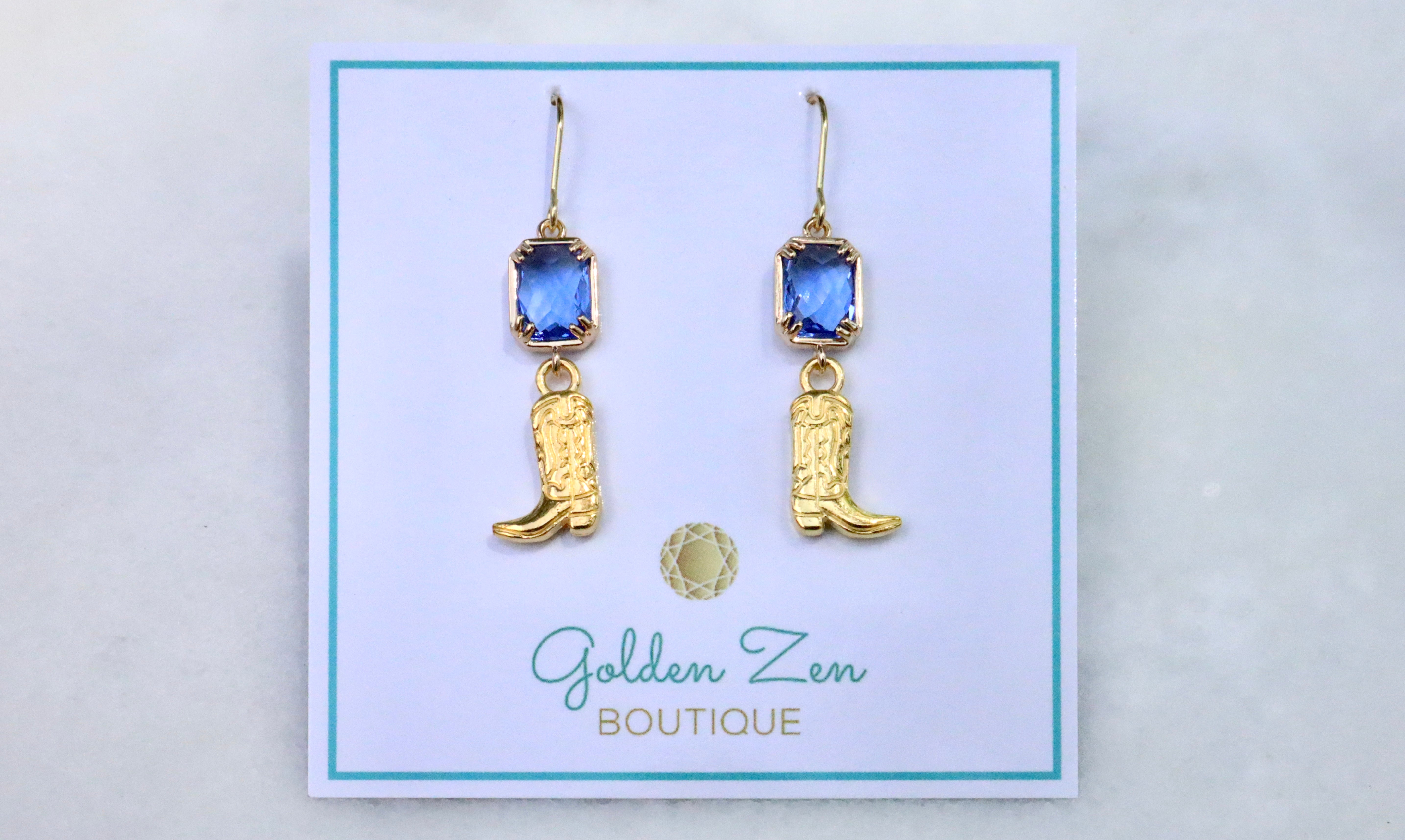 Blue Sapphire Crystal & Gold Cowgirl Boot Earrings