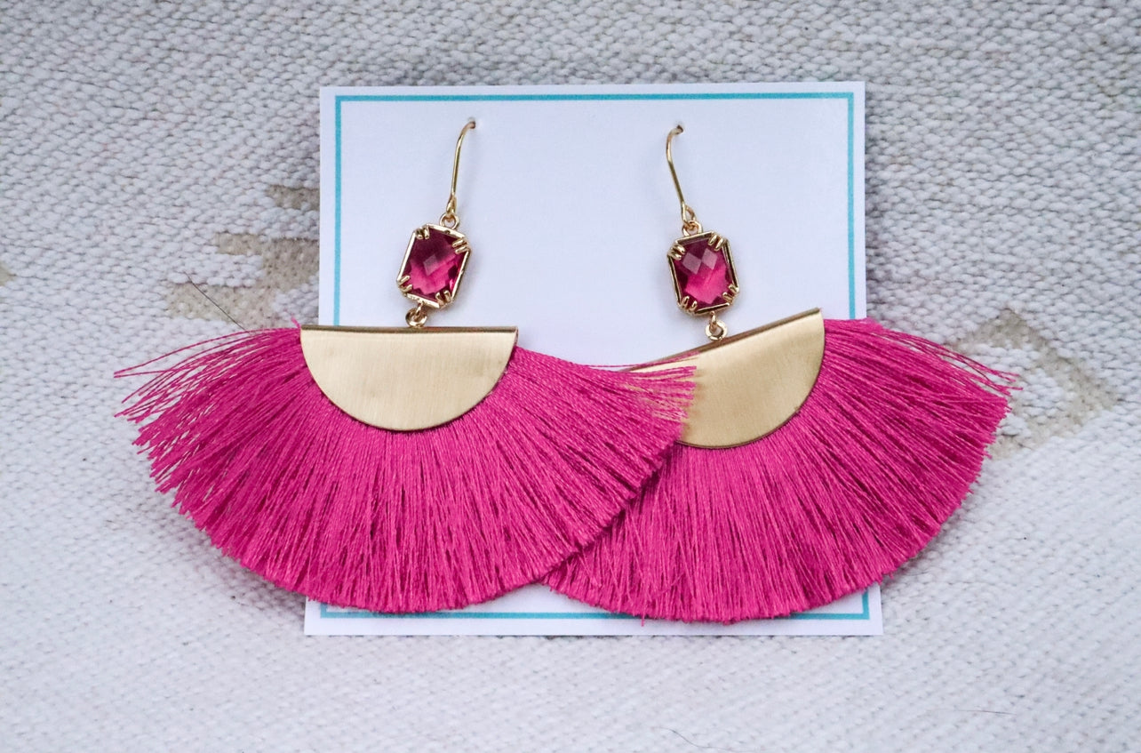 Gold & Hot Pink Tassel Statement Earrings