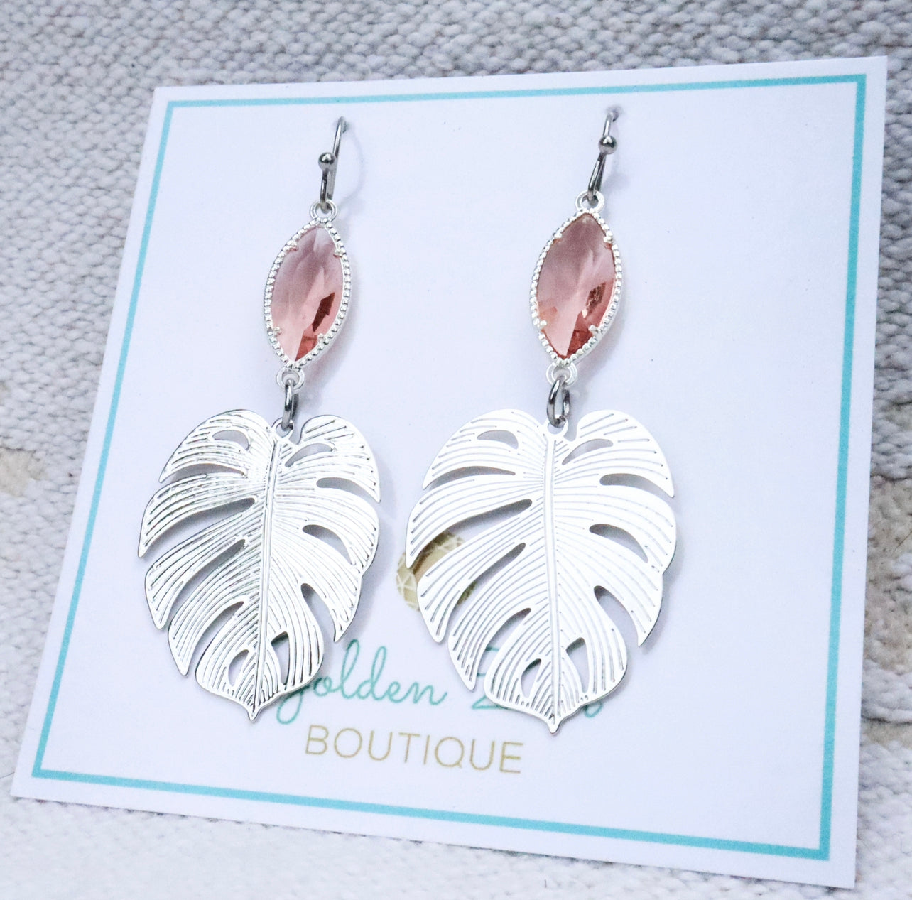 Silver & Pink Crystal Monstera Leaf Earrings