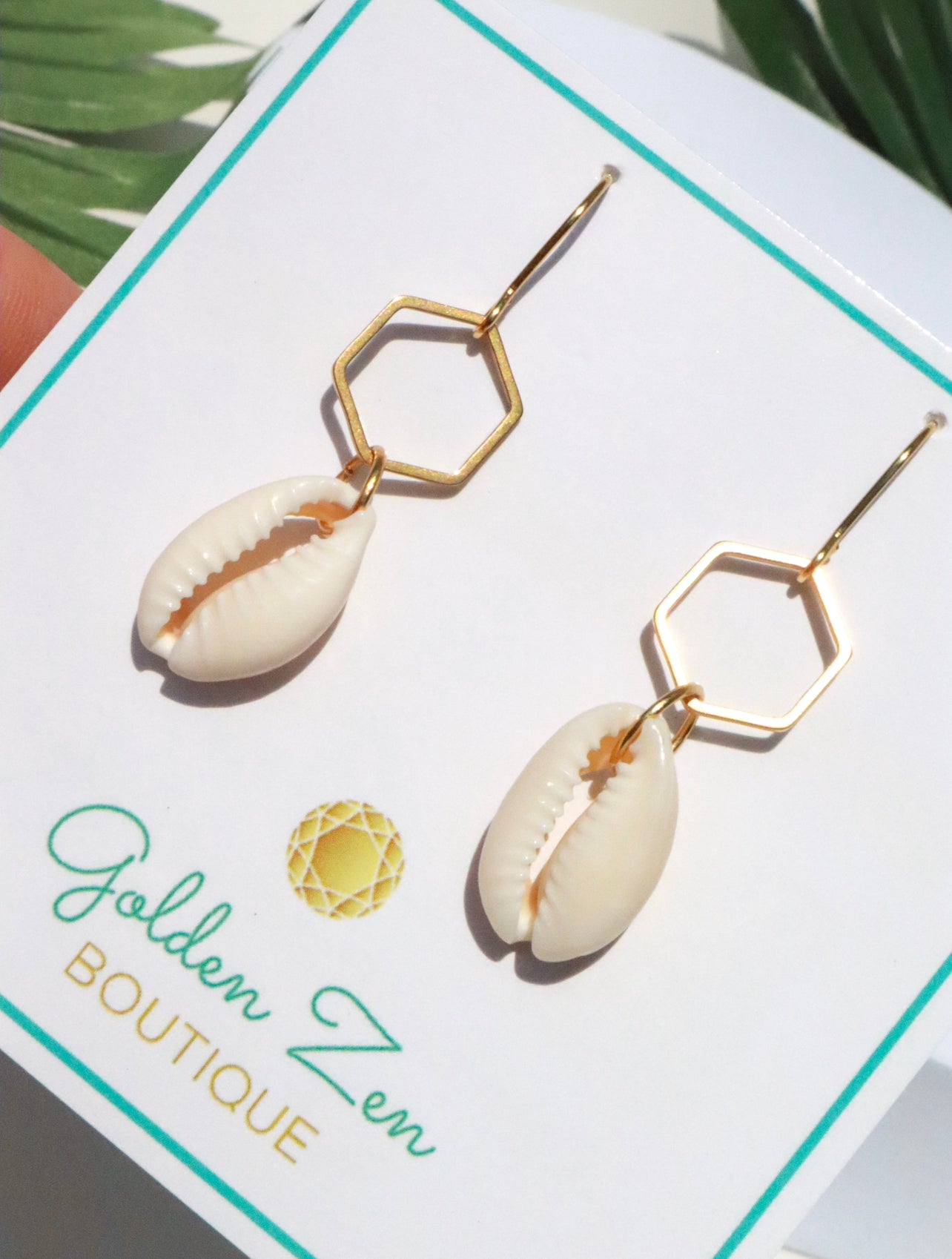 Gold Hexagon Cowrie Shell Earrings