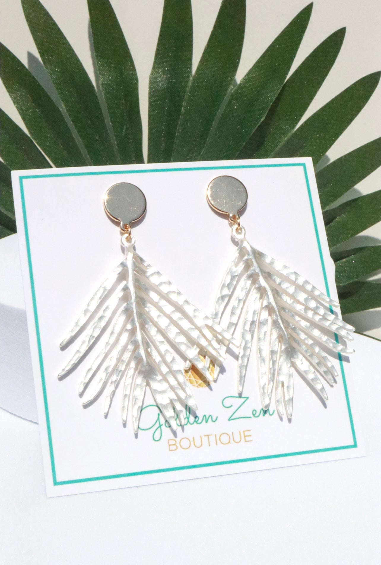 2 Tone Gold & Silver Hammered Tropical Palm Leaf Earrings