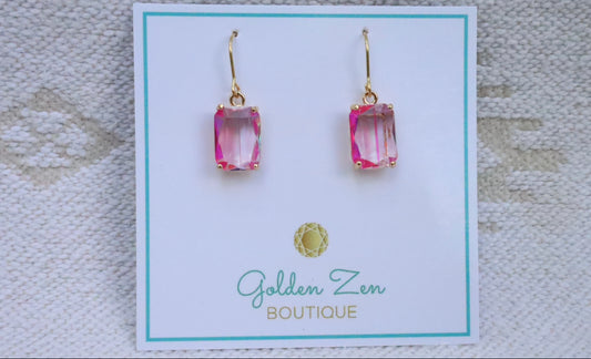 Fluorescent Pink Emerald Cut Gem Earrings