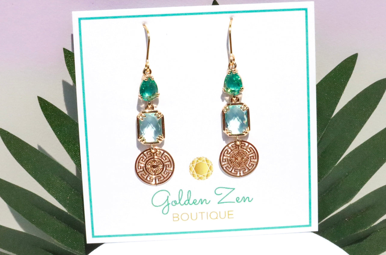 Blue, Green & Gold Greek Godess Earrings