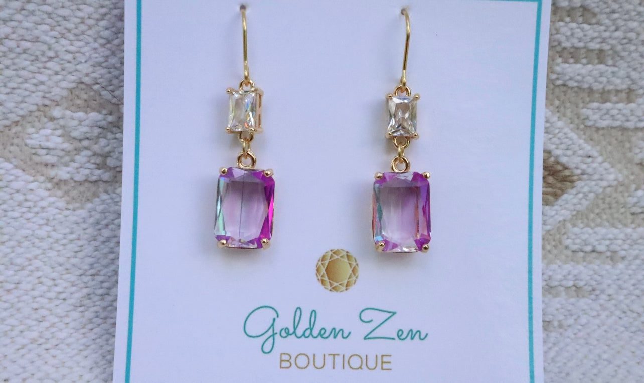 Fluorescent Pink Crystal Emerald Cut Gem Earrings