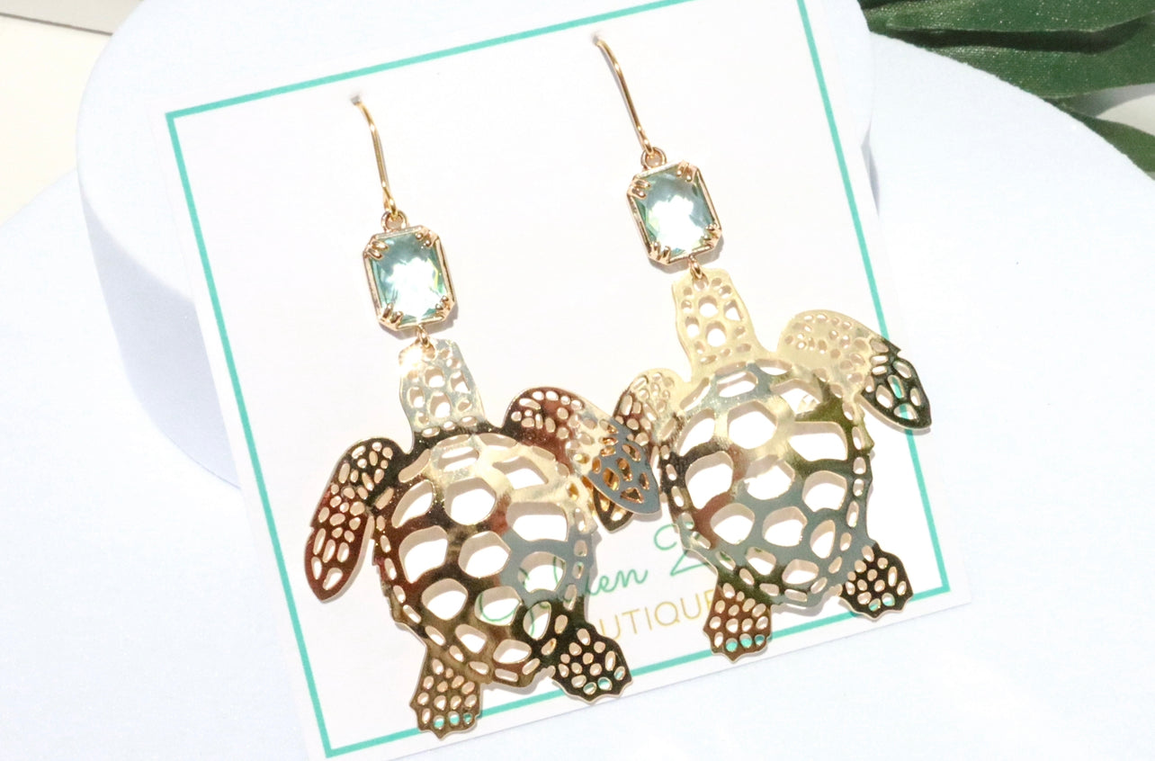 Caribbean Blue & Gold Sea Turtle Earrings