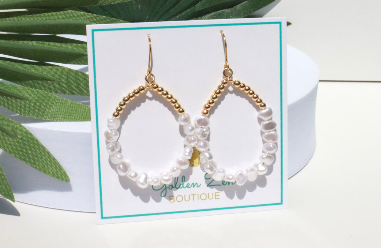 Cape Cod Pearl & Gold Beaded Hoop Dangle Earrings