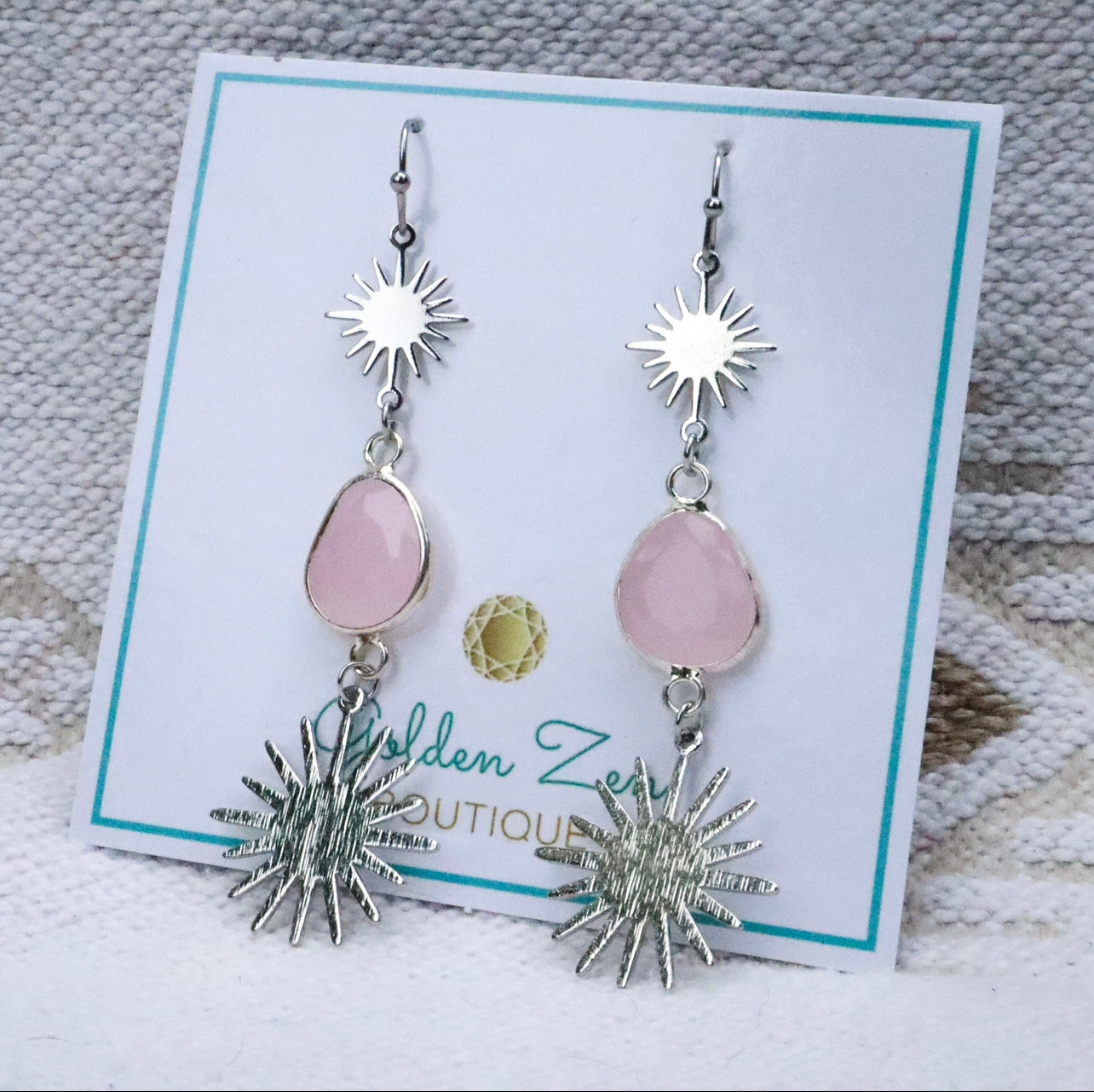 Silver Sun & Pink Crystal Dangle Earrings