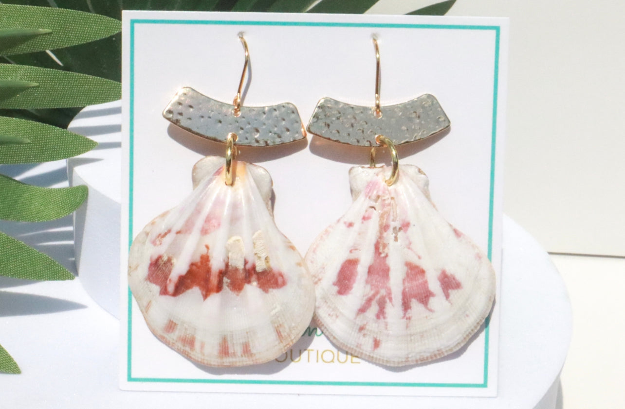 Pink & White Mermaid Scallop Shell Gold Earrings