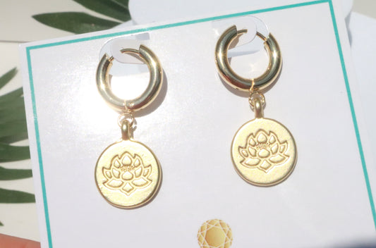 Golden Zen Lotus Flower Hoop Earrings