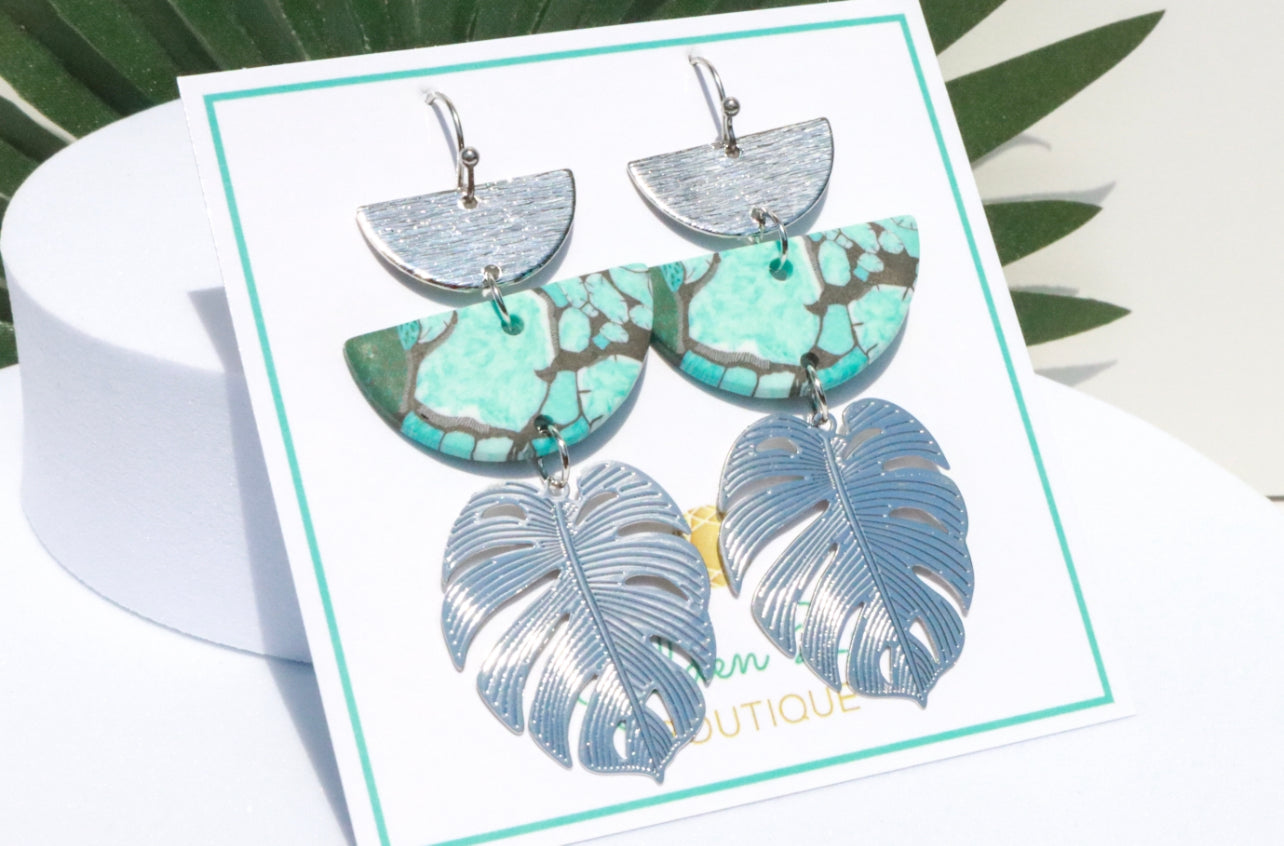 Tropical Turquoise Clay & Silver Palm Leaf Statement Earrings