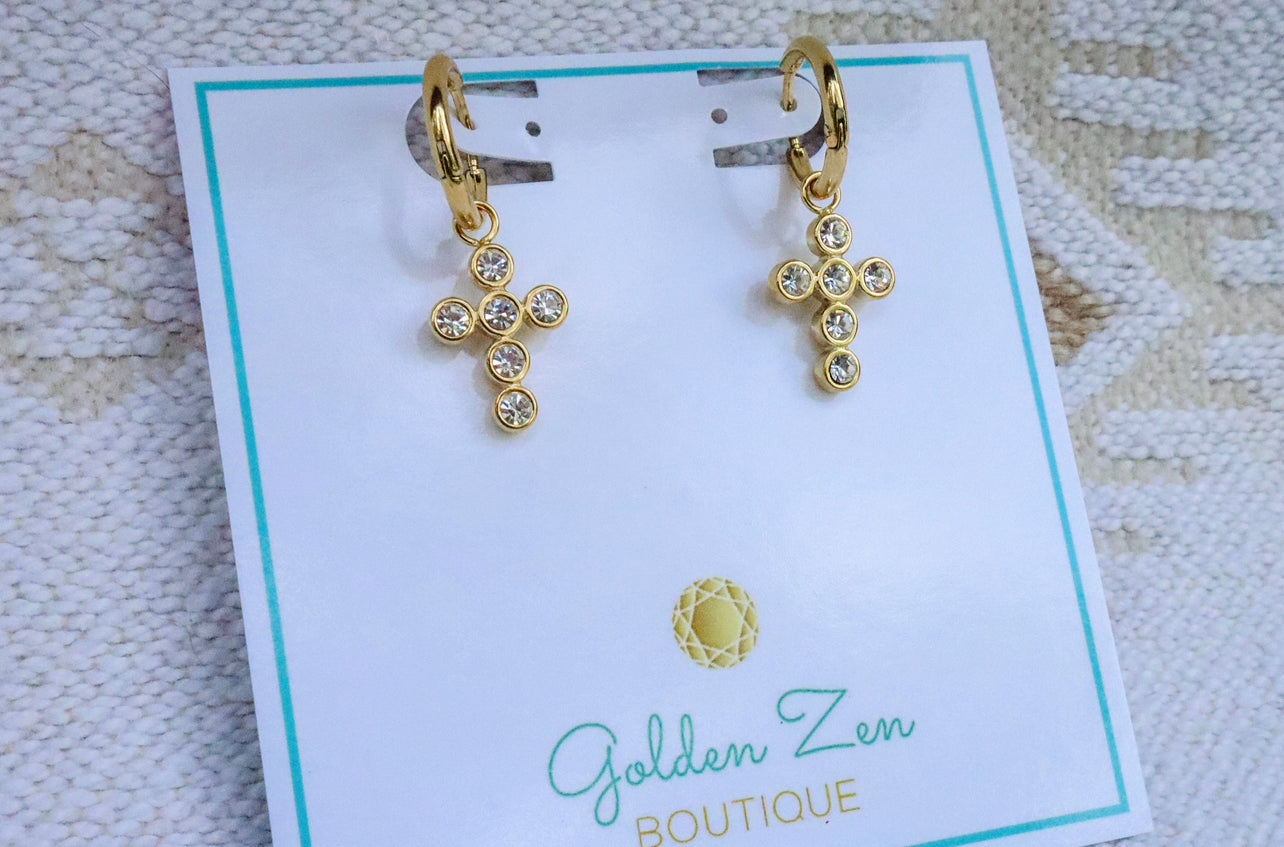 Gold & Diamond Crystal Cross Hoop Earrings