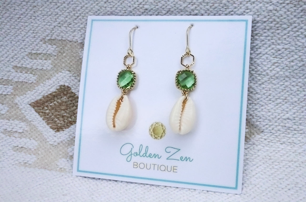 Gold & Green Peridot Crystal Cowrie Shell Earrings