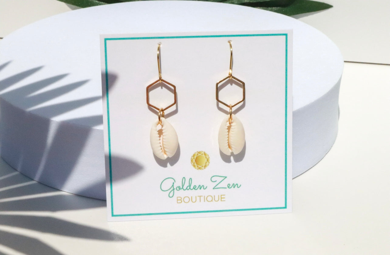 Gold Hexagon Cowrie Shell Earrings