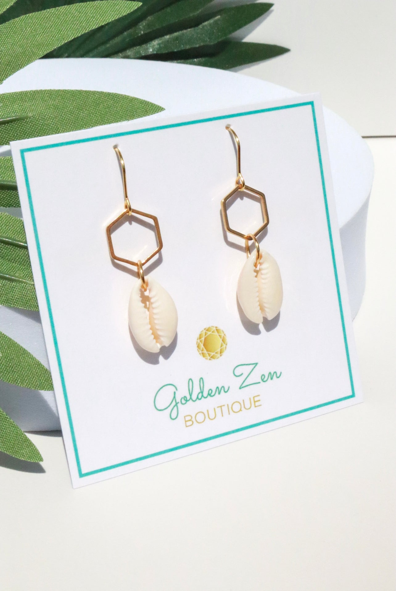 Gold Hexagon Cowrie Shell Earrings