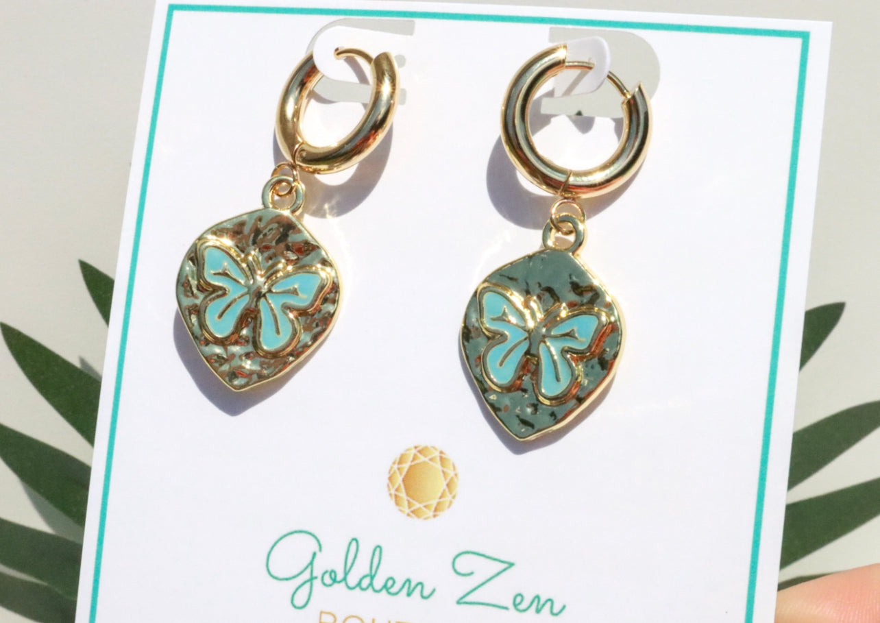 Gold & Blue Butterfly Hoop Earrings