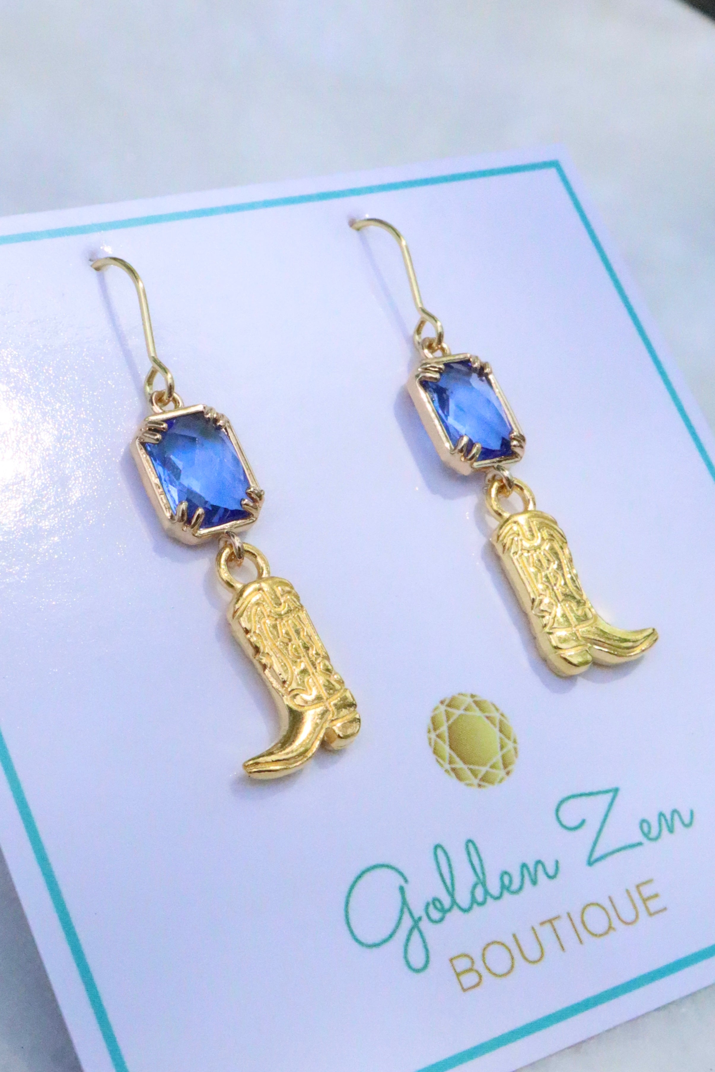 Blue Sapphire Crystal & Gold Cowgirl Boot Earrings
