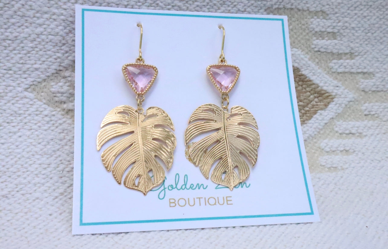 Gold & Pink Crystal Monstera Leaf Earrings
