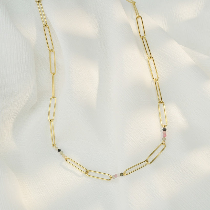 Natural Agate Gemstone Bead Staple Chain Necklace