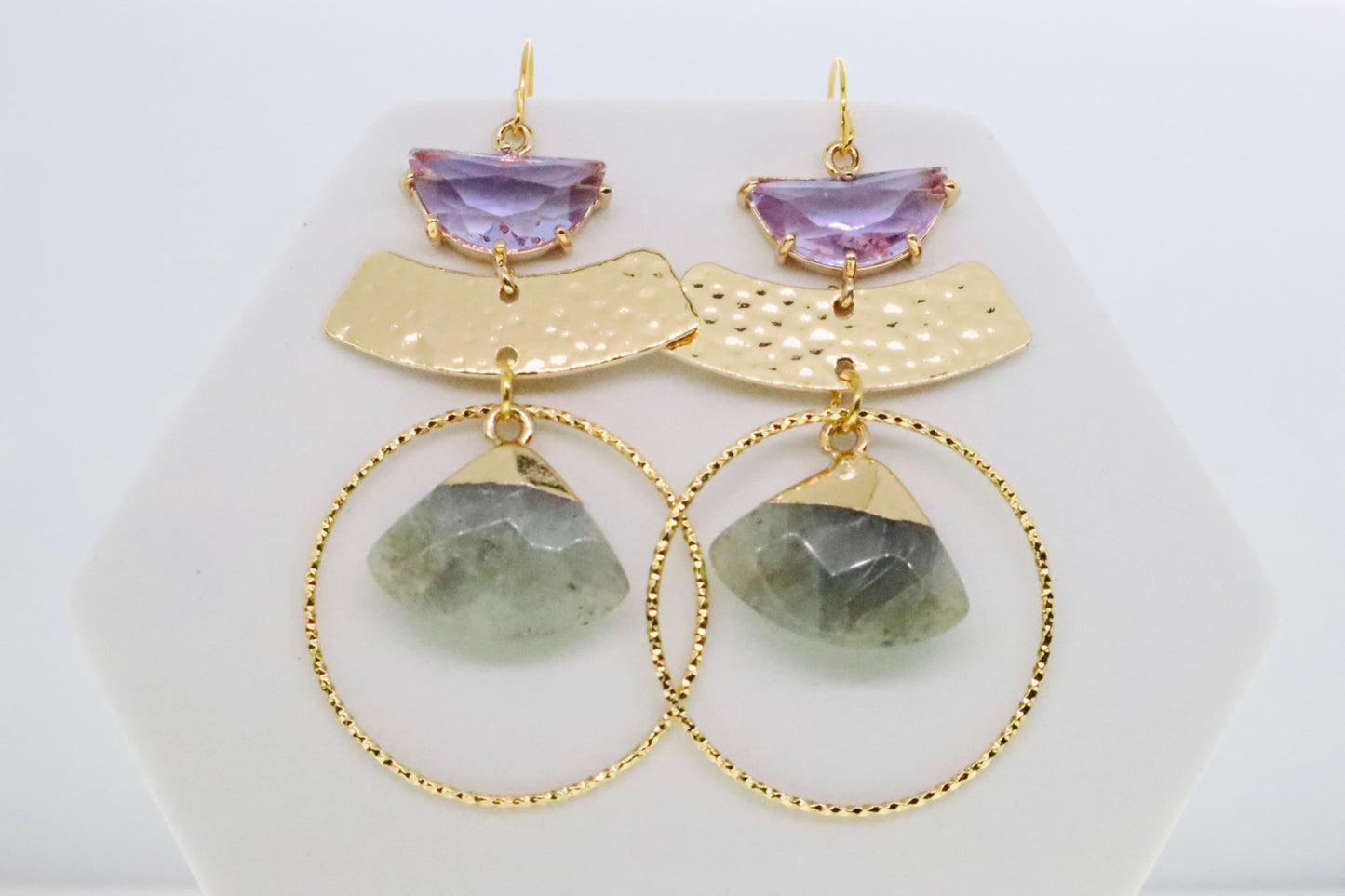 Purple Gem & Labradorite Gold Dangle Earrings