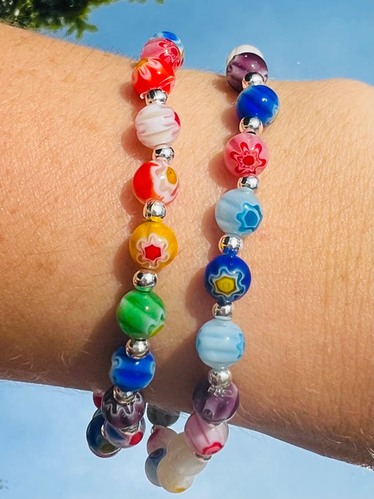 Millifiori Flower Beaded Silver Bracelet