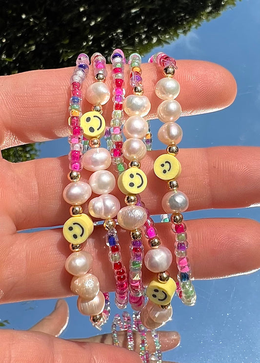 Seed Bead & Fresh Water Pearl Smiley Face Bracelet
