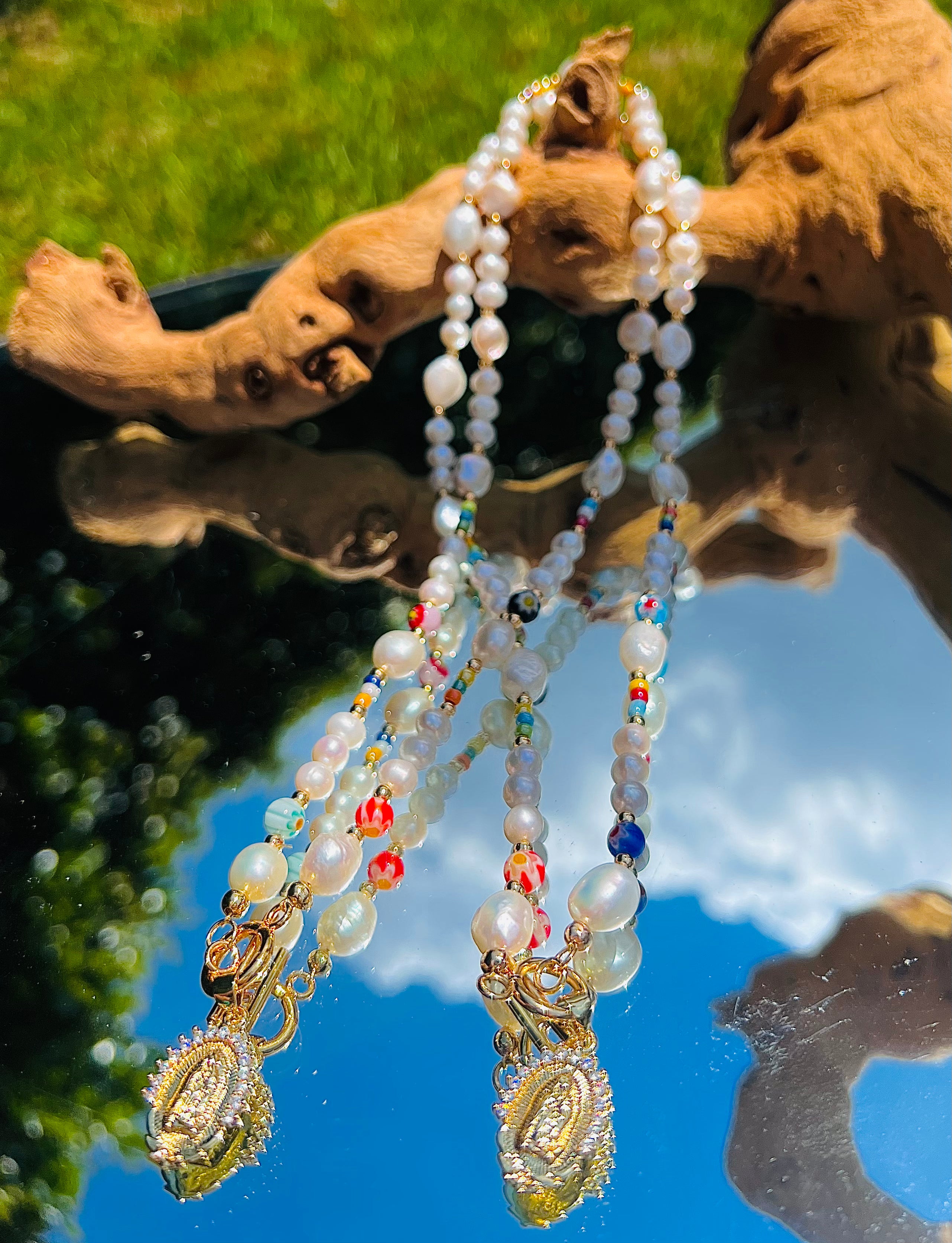 Fresh Water Pearl Millifiori Bead Toggle Clasp Religious Necklace