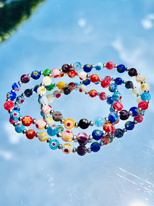 Millifiori Flower Beaded Silver Bracelet
