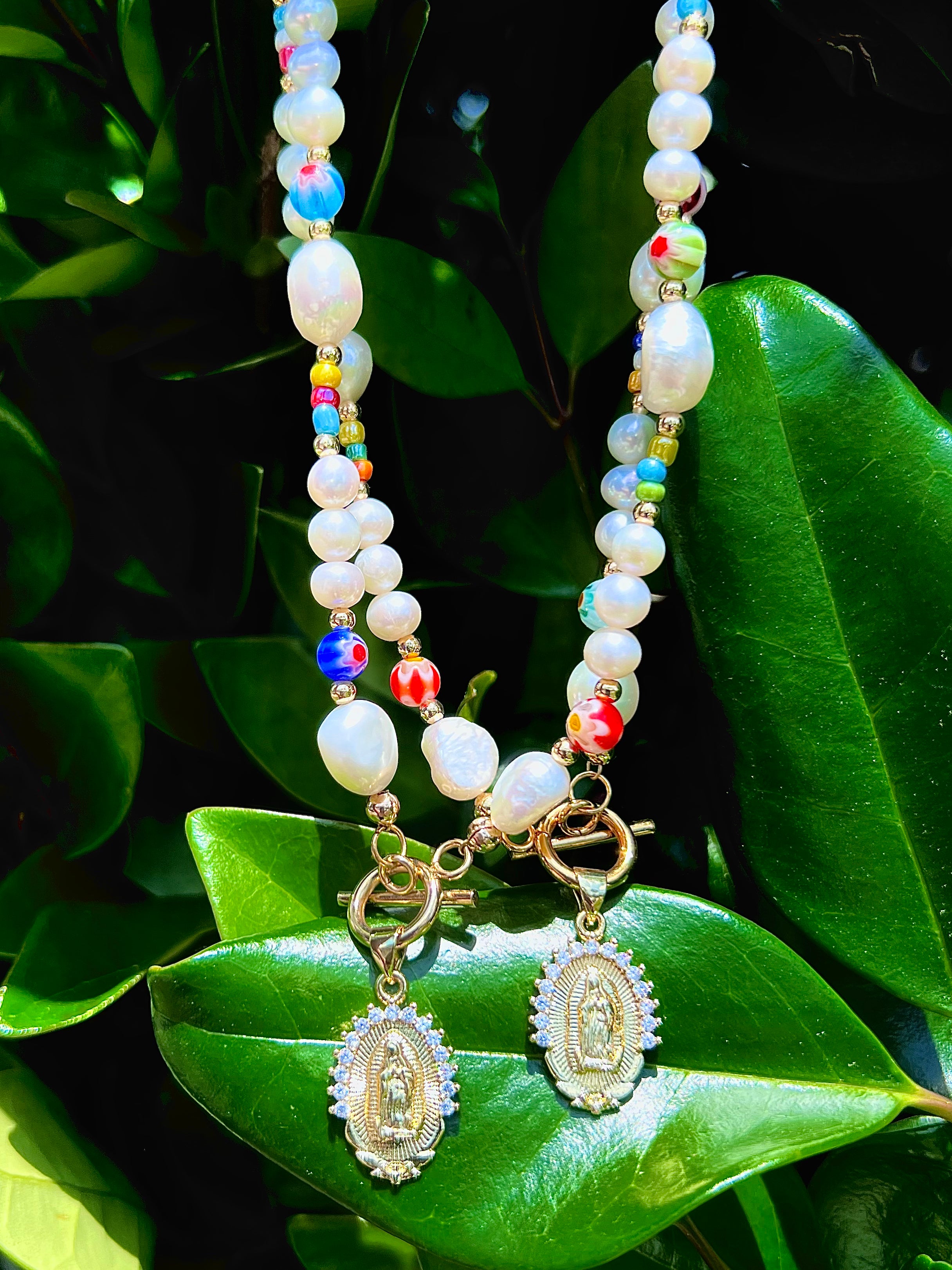 Fresh Water Pearl Millifiori Bead Toggle Clasp Religious Necklace