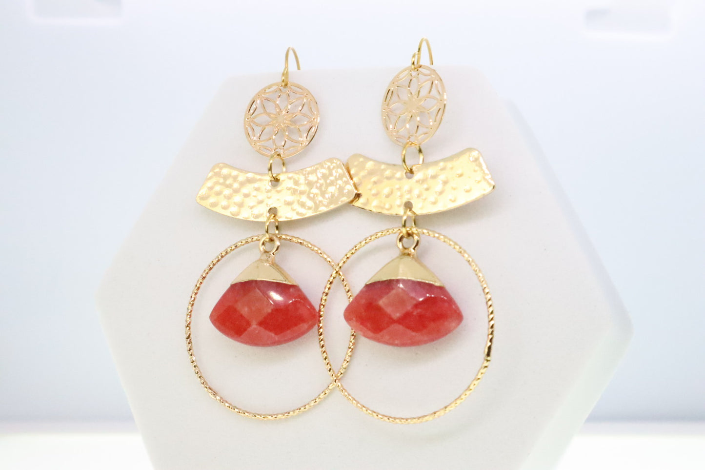 Red Cornelian Stone & Gold Dangle Earrings