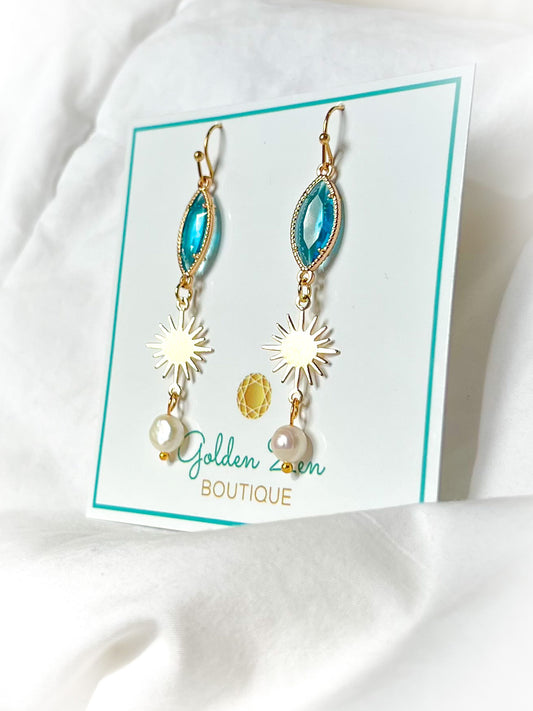Blue & Gold Star Burst Dangle Earrings